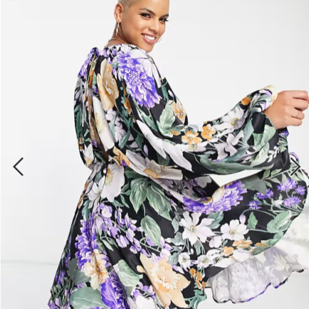ASOS Edition Curve Floral Mini Dress Voluminous Sleeve Purple Black BNWT US 24 - Picture 5 of 9